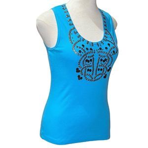 PRETTY  Turquoise Stretch Cotton Tank Top with Gunmetal Embellishment Size XL